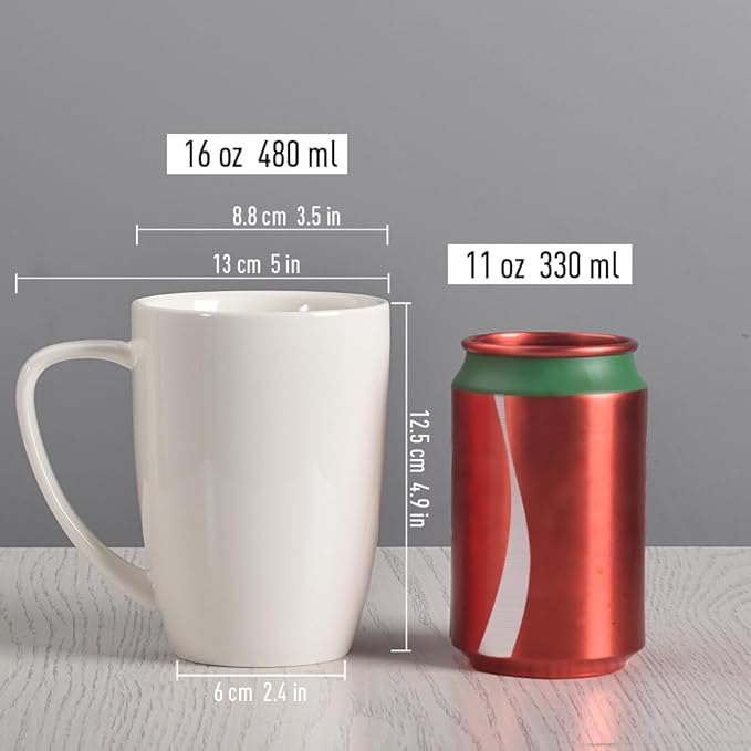 homEdge Porcelain Mug Set, 16 Ounces Cup for Tea, Latte, Mocha, Hot Chocolate, Set of 6, White