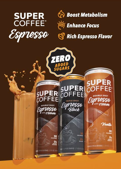 SUPER COFFEE Espresso, Iced Keto Coffee (0g Added Sugar, 10 Calories) [Triple Shot Black] 11 Fl Oz, 12 Pack | Cold Brew, Smart Coffee Drinks - SoyFree GlutenFree