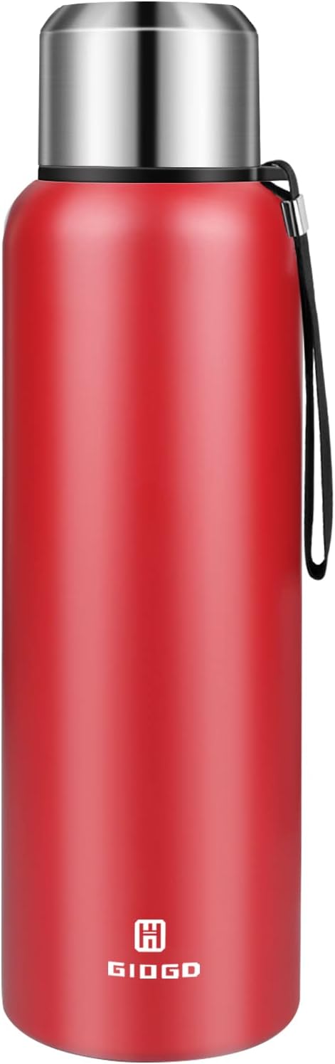 Insulated vacuum Thermo Bottle 1500ml/50.7oz with cup Stainless steel coffee bottles for hot and cold drink water flask.(Red,1500ml)