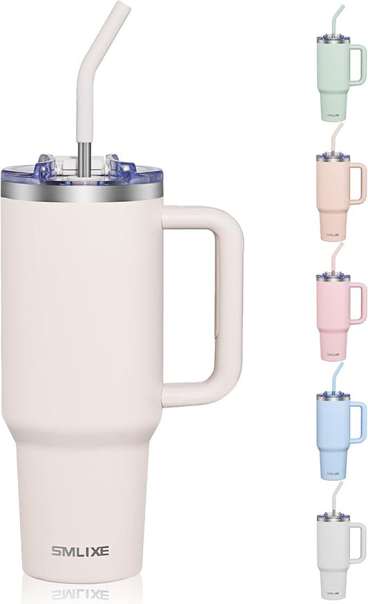 COKTIK 40 oz Tumbler With Handle and Straw Lid, Vacuum Insulated Travel Coffee Mug Stainless Steel Insulated Cup for Beverages, Leak-proof, Cupholder Friendly (Beige)