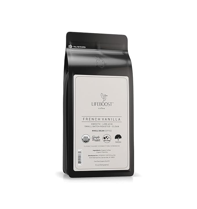 Lifeboost Whole Bean French Vanilla Coffee - Low Acid Single Origin Non-GMO Organic Coffee - Third Party Tested For Mycotoxins & Pesticides - 12 Ounces
