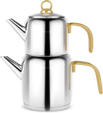 Load image into Gallery viewer, Karaca New Mira Turkish Tea Set for Stovetop, Induction Base Stainless Steel Tea Maker (1L Teapot &amp; 2L Tea Kettle), Dishwasher Safe, Non-Burning Gold Handles Samovar Style