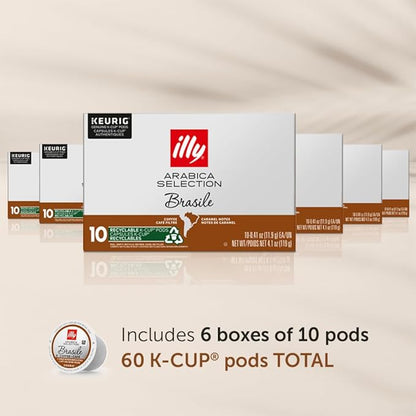 Illy Coffee K Cups - Pods For Keurig Machines – Brasile Bold Roast – Notes of Caramel – Intense & Full-Flavored Flavor - No Preservatives – 10 Count, 6 Pack