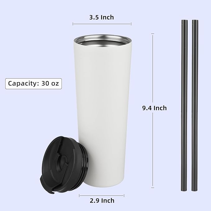 30 OZ Insulated Tumbler with Lid and 2 Straws Stainless Steel Water Bottle Vacuum Travel Mug Coffee Cup,Angel White