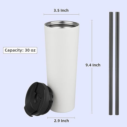 30 OZ Insulated Tumbler with Lid and 2 Straws Stainless Steel Water Bottle Vacuum Travel Mug Coffee Cup,Angel White