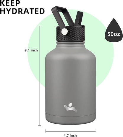 Insulated Water Bottle with Straw,50 oz 3 Lids Water Jug with Carrying Bag,Paracord Handle,Double Wall Vacuum Stainless Steel Metal Flask,Gray