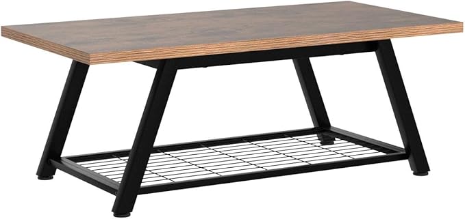 Tohomeor 2-Tier Industrial Coffee Table Mnimalist Vintage Farmhouse Wooden and Metal Living Room Coffee Table with Storage Shelf Accent Furniture (Rustic Brown)