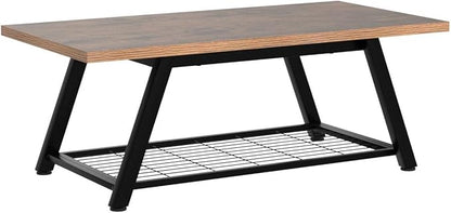 Tohomeor 2-Tier Industrial Coffee Table Mnimalist Vintage Farmhouse Wooden and Metal Living Room Coffee Table with Storage Shelf Accent Furniture (Rustic Brown)