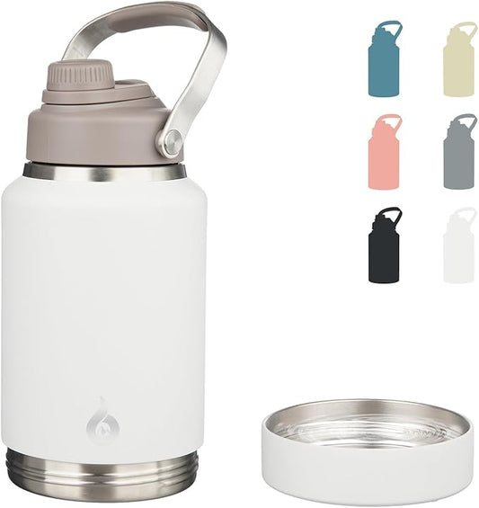 BJPKPK 64oz Insulated Water Bottles, Dishwasher Safe Half gallon Water Bottle with Metal Handle, BPA Free Spout Lid & Detachable Bowl, Large Stainless Steel Jugs, Milky White