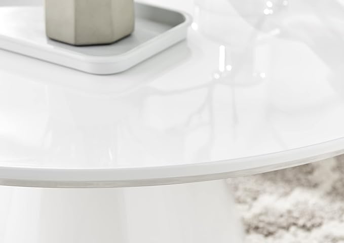 Coffee Table - Palma Round Coffee Table - Contemporary Minimalist Round Coffee Table with Tapered Central Pillar - White High-Gloss Finish - Living Room Furniture