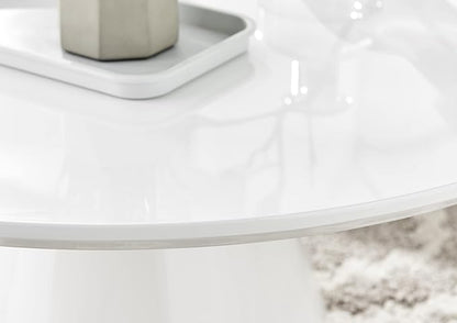 Coffee Table - Palma Round Coffee Table - Contemporary Minimalist Round Coffee Table with Tapered Central Pillar - White High-Gloss Finish - Living Room Furniture
