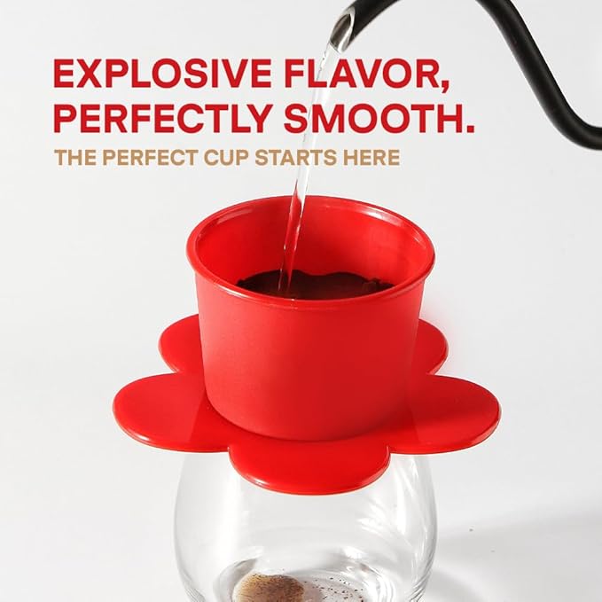 [Holiday Gift] Vietnamese Phin Filter, Plastic Reusable Pour Over Coffee Dripper, Single Cup Coffee Filter with Flower Design for Manual Brewing, Gift for Christmas Thankgiving (Red)