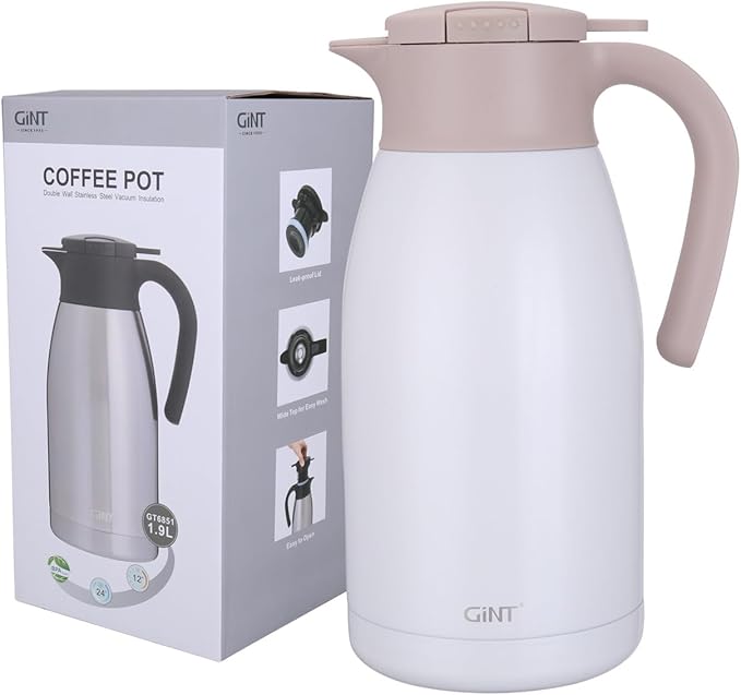 GiNT 1.9L / 64Oz Thermal Coffee Carafe, Insulated Stainless Steel Coffee Carafes for Keeping Hot/Double Walled Vacuum Thermal Carafe (White)