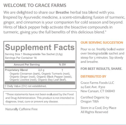 Grace Farms BREATHE Wellness Organic Tea Blend (16 Pyramid Sachets) | Turmeric and Ginger with Adaptogenic Herbs | Immunity Support | Caffeine Free | Gives Back 100% of Profits