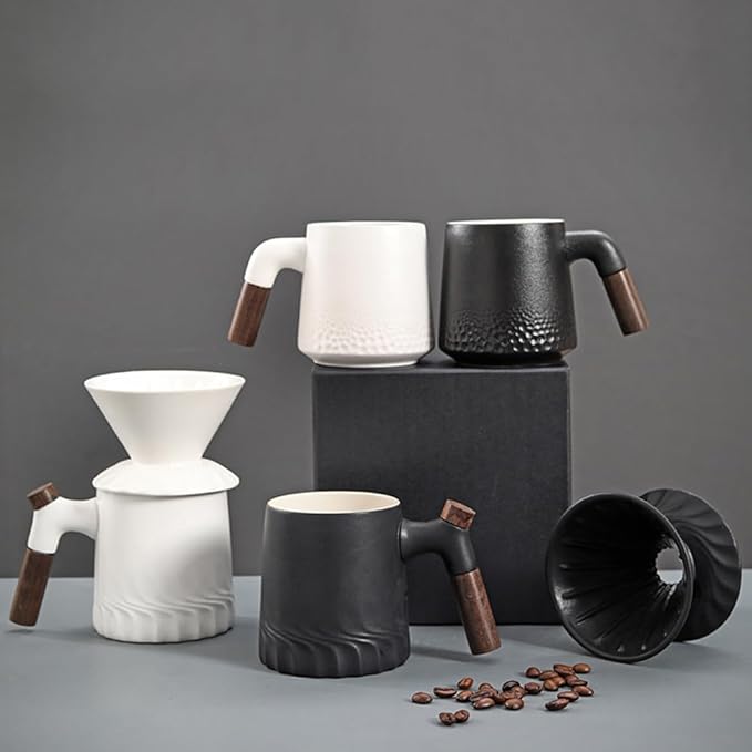 Handmade Black Pour Over Coffee Maker Set, Ceramic Coffee Dripper Brewer Heat Resistant Coffee Pot Decanter ACM02W