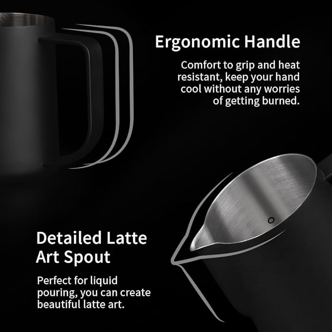 watchget Milk Frothing Pitcher 250ml/8oz Stainless Steel Espresso Steaming Pitcher Milk Coffee Cappuccino Latte Art Barista Steam Pitcher Milk Frothing Jug, Black