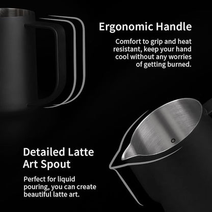 watchget Milk Frothing Pitcher 250ml/8oz Stainless Steel Espresso Steaming Pitcher Milk Coffee Cappuccino Latte Art Barista Steam Pitcher Milk Frothing Jug, Black