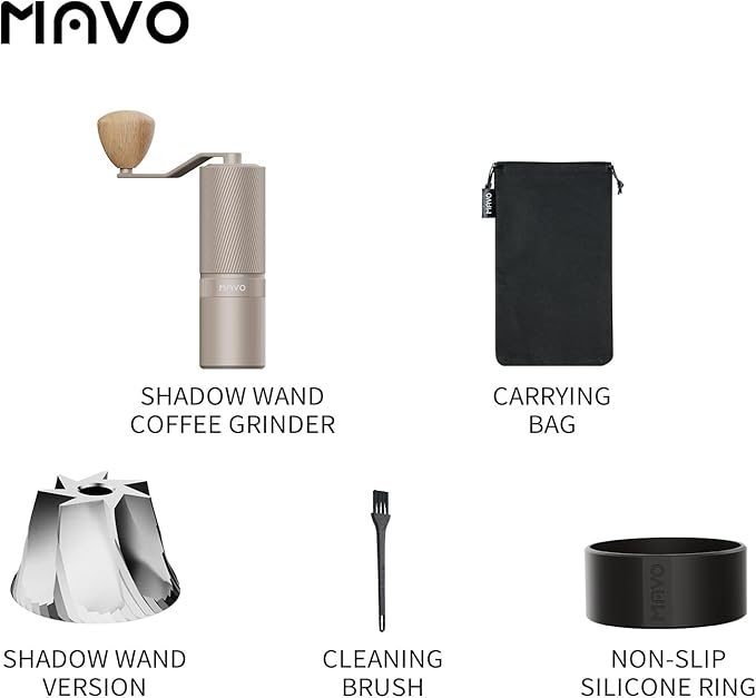 MAVO Manual Coffee Grinder, Shadow Wand Hand Coffee Grinder, Capacity 25g with CNC Stainless Steel Pentagon Conical Burr, Adjustable Setting, Burr Coffee Bean Grinder for Pour Over, Espresso (Silver)
