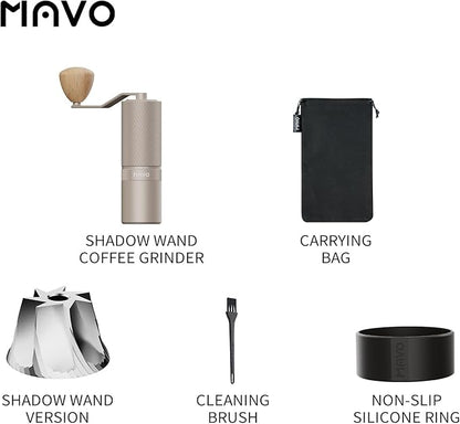 MAVO Manual Coffee Grinder, Shadow Wand Hand Coffee Grinder, Capacity 25g with CNC Stainless Steel Pentagon Conical Burr, Adjustable Setting, Burr Coffee Bean Grinder for Pour Over, Espresso (Silver)