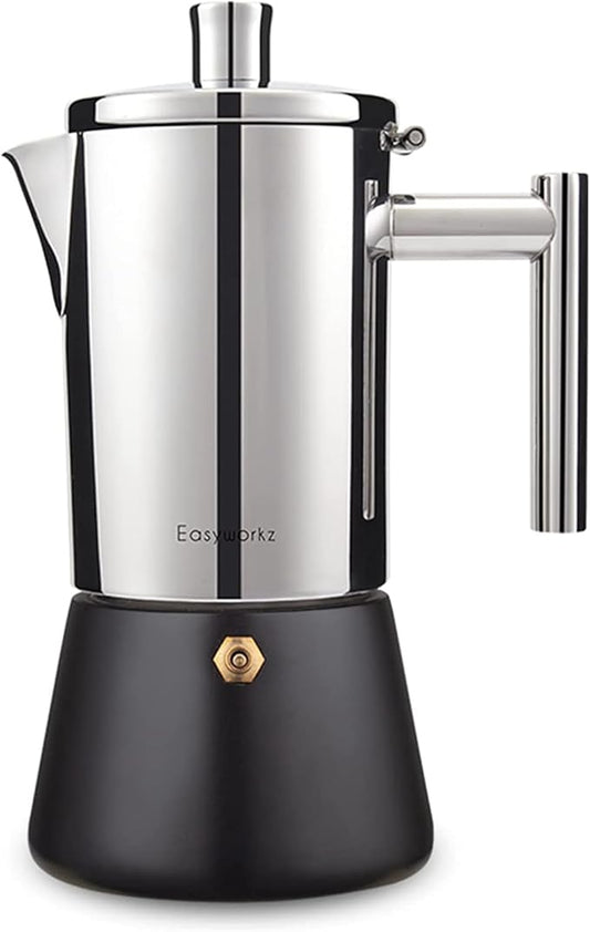 Easyworkz Diego Stovetop Espresso Maker Stainless Steel Italian Coffee Machine Maker 6Cup 10 oz Moka Pot Induction Espresso Pot
