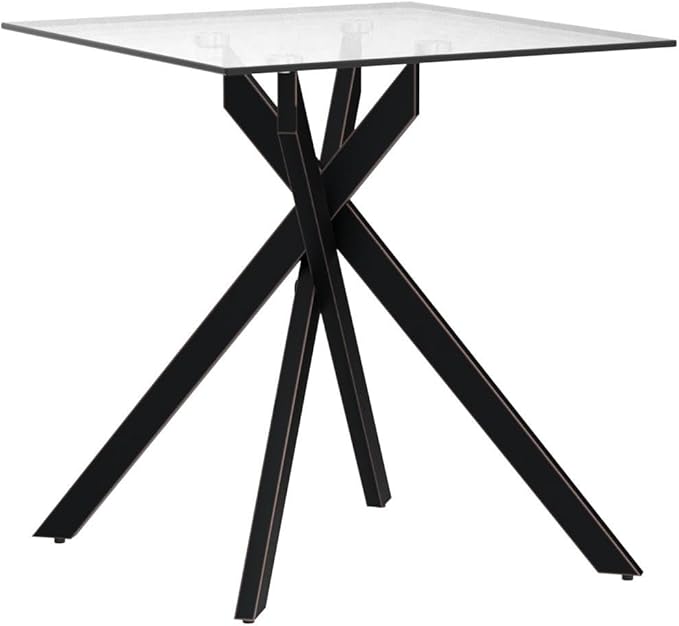 Modern Style Square Side Table with Grey Tempered Glass Top and Black Metal Tubular Legs with Gold Rim 20”Dx20”Wx22”H