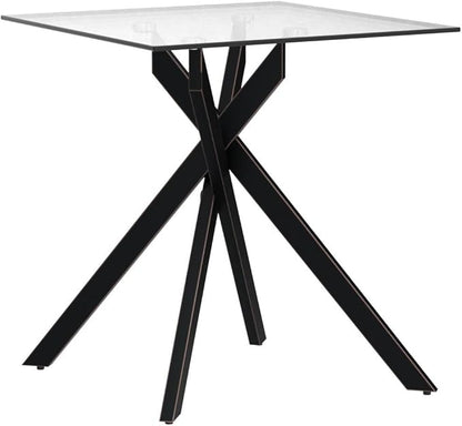 Modern Style Square Side Table with Grey Tempered Glass Top and Black Metal Tubular Legs with Gold Rim 20”Dx20”Wx22”H