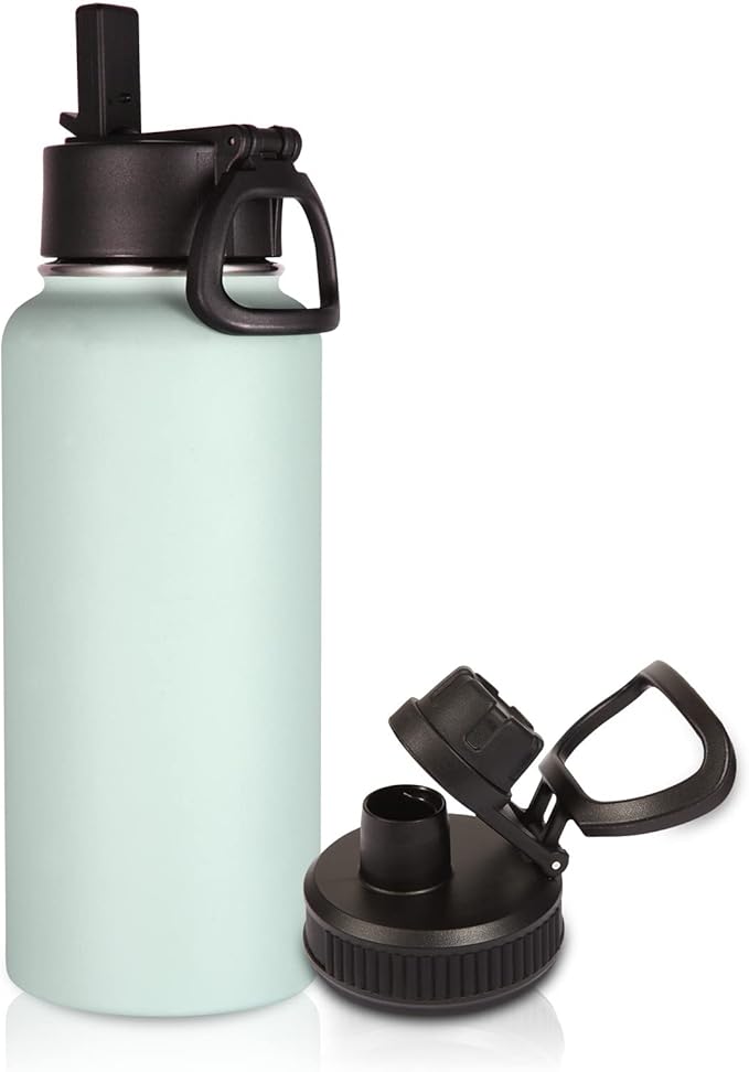 Volhoply 32 oz Insulated Water Bottle with Straw Lid & Spout Lid,Stainless Steel Sports Water Bottle,Double Wall Vacuum Cups,Leakproof Wide Mouth Metal Flask,Keeps Cold or Hot for Travel(Fog,1)