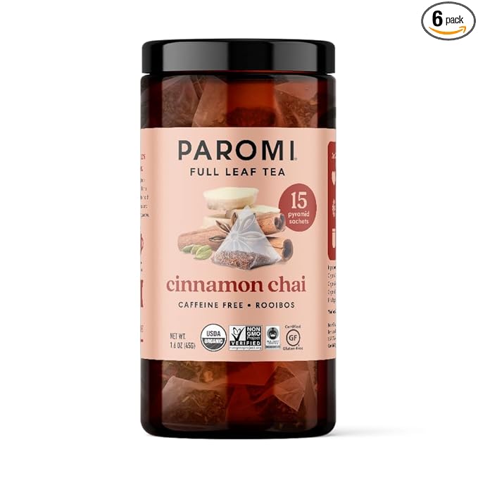 Paromi Cinnamon Chai Rooibos Organic Tea, Signature Jar, 15 Count (Pack of 6)