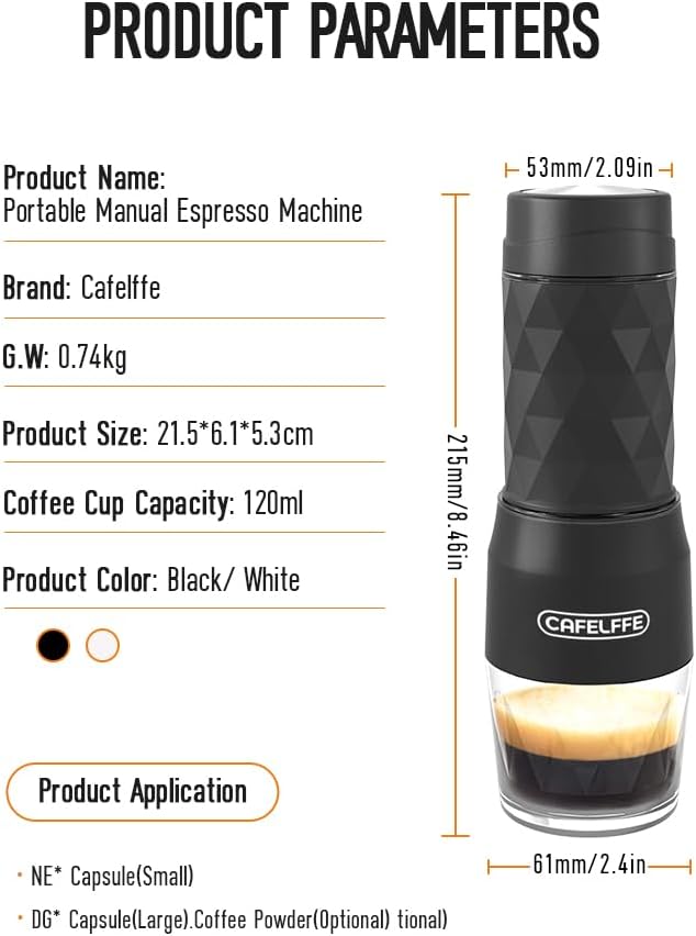 Portable Coffee Maker,3 in 1 Manual Espresso Machine,Compatible with Nes Original Capsule, DG Pods & Ground Coffee,Suitable for Hiking,Fishing,Camping,Backpacking or Gift for beginner,White