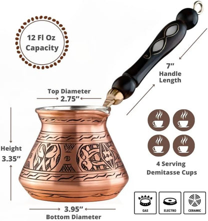 BCS 12 Oz Copper Turkish Greek Arabic Coffee Pot with Wooden Handle (4 servings) Cezve Ibrik Briki Stovetop Coffee Maker (Includes Wooden Spoon)