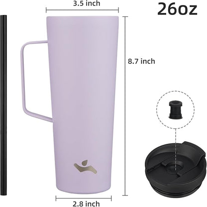 Insulated Tumbler with Handle and Straw, 26 OZ Travel Coffee Mug Stainless Steel Cup Metal Water Bottle,Taro