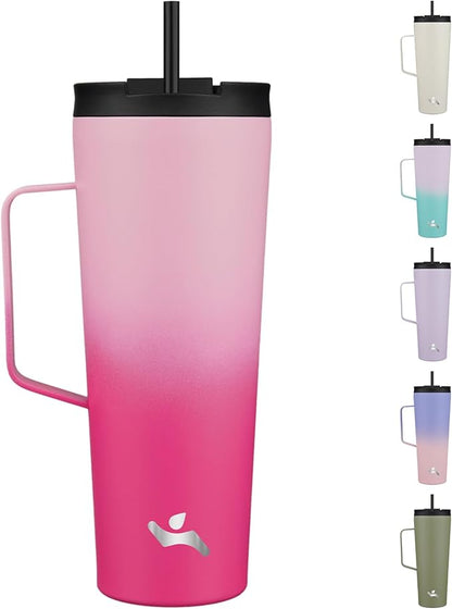Insulated Tumbler with Handle and Straw, 26 OZ Travel Coffee Mug Stainless Steel Cup Metal Water Bottle,Cherry