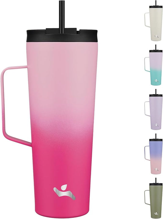 Insulated Tumbler with Handle and Straw, 26 OZ Travel Coffee Mug Stainless Steel Cup Metal Water Bottle,Cherry