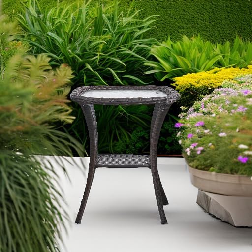 HUMMUH Patio Wicker Side Table Outdoor, Rattan End Table Glass Top Coffee Table with Storage Brown