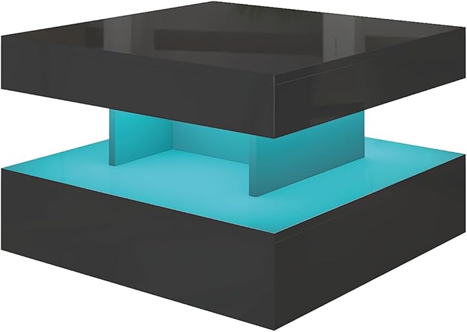 Small Black Led Coffee Table for Living Room, 23.6" Wood Square 2-Tier Storage Modern Center Table, Modern High Glossy Wooden Coffee Tables for Small Space