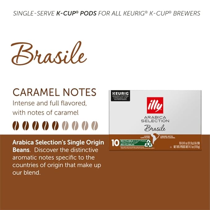 Illy Arabica Selections Brasile, 100% Arabica Bean Signature Italian Blend Roasted, Single Serve Drip Brewed Coffee K Cup Pods, Coffee Pods For Keurig Coffee Machines, 10 K-Cup Pods (Pack Of 1)
