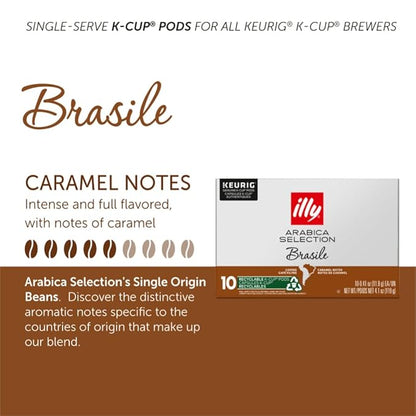 Illy Arabica Selections Brasile, 100% Arabica Bean Signature Italian Blend Roasted, Single Serve Drip Brewed Coffee K Cup Pods, Coffee Pods For Keurig Coffee Machines, 10 K-Cup Pods (Pack Of 1)