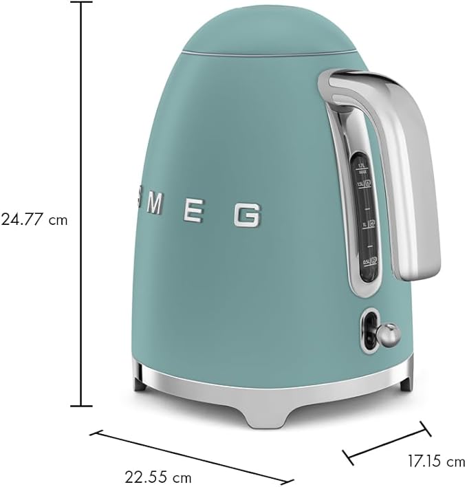 SMEG KLF03 7 Cup Electric Water Kettle, Retro-Style, Soft-Opening Lid, Auto Shut-Off, 360° Swivel Base – Jade