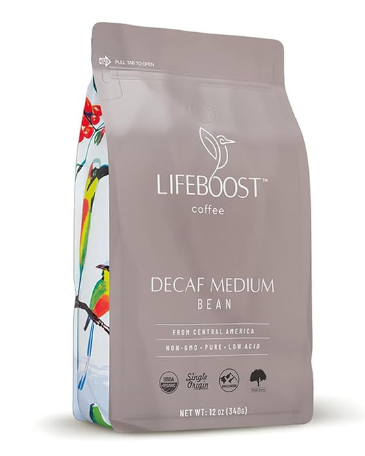 Lifeboost Medium Roast Decaf Coffee Beans – Organic Low Acid Swiss Water Decaf – Whole Bean Coffee – Third Party Tested for Mycotoxins & Pesticides – Chemical Free – 12 oz