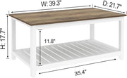 FOLUBAN Farmhouse Coffee Table with Storage Shelf, Rustic Vintage Wood Cocktail Table for Living Room, White