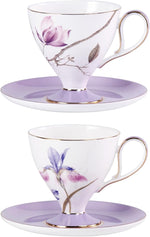 Load image into Gallery viewer, KAMMAK Ceramic Coffee Cups Saucers Set of 2, Porcelain Espresso Cups with Saucers, 8.12 oz Handcrafted Elegant Bone China Tea Cups, Purple Hibiscus &amp; Iris Flower Pattern Teacup for Party, Office, Gift