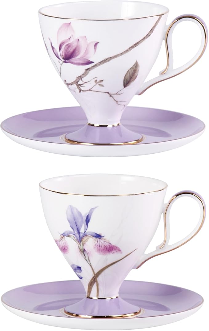 KAMMAK Ceramic Coffee Cups Saucers Set of 2, Porcelain Espresso Cups with Saucers, 8.12 oz Handcrafted Elegant Bone China Tea Cups, Purple Hibiscus & Iris Flower Pattern Teacup for Party, Office, Gift