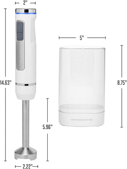 OVENTE Cordless Immersion Hand Blender, Rechargeable Handheld Portable Stick Mixer with 8 Mixing Speed Option, One-Touch Control and Stainless Steel Blades for Smoothies, Shakes or Soups, White HR781W