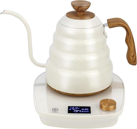 Electric Kettle Gooseneck, Water Electric Kettle with Intelligent Temperature Control Quick Heating 304 Stainless Steel for Coffee Tea Boil Hot Water 1000W 30oz 900ml(Creamy White)