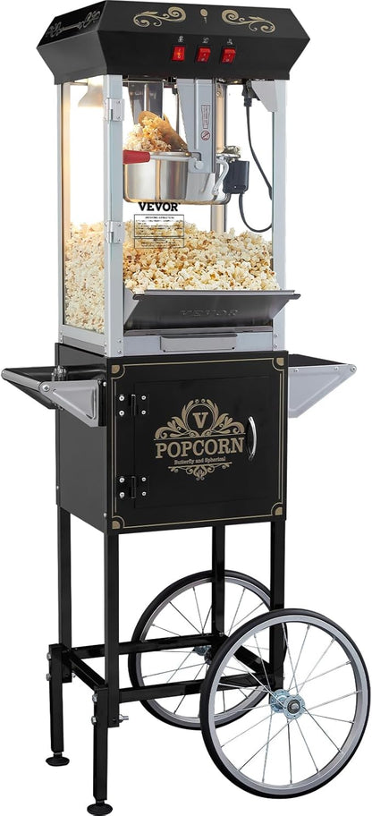 VEVOR Popcorn Maker with Cart, 850W Popcorn Popper Machine, 8 Oz Kettle Makes 48 Cups per Batch, Popcorn Maker Equipped with Tempered Glass, Includes 4 Scoops, Movie Theater Style, Black