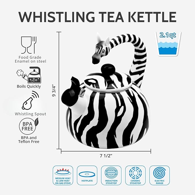 Whistling Tea Kettle for Stove Top Enamel on Steel Teakettle, Supreme Housewares Zebra Design Teapot Water Kettle Cute Kitchen Accessories Teteras (2.1 Quart, Zebra)