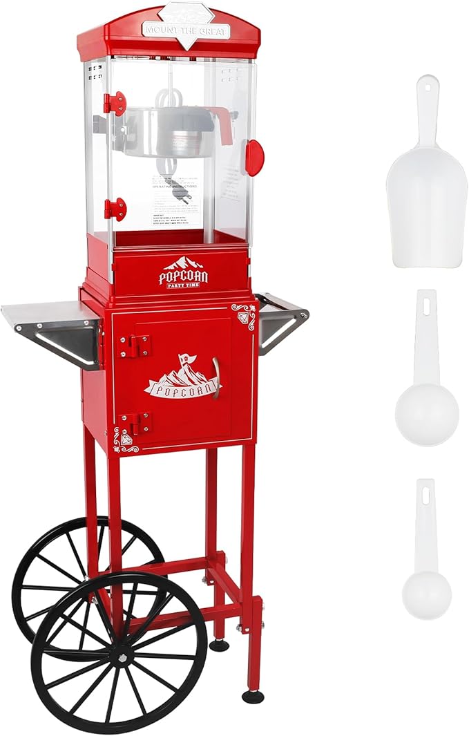 Portable Popcorn Machine with Cart & Wheels, 10 Oz Commercial Popcorn Maker with Kettle, Includes 3 Measuring Spoons for Home Theater, Parties, Events