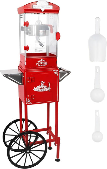 Portable Popcorn Machine with Cart & Wheels, 10 Oz Commercial Popcorn Maker with Kettle, Includes 3 Measuring Spoons for Home Theater, Parties, Events