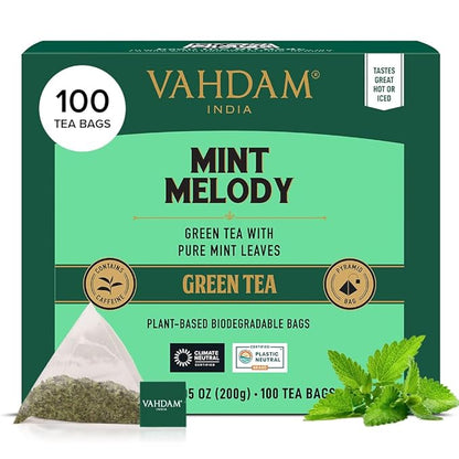 VAHDAM, Mint Green Tea Bags (100 Count) 100% Pure Leaf Tea, High Grown, Low Caffeine, Non GMO, Gluten Free | Plant-Based Pyramid Tea Bags | Direct from Source