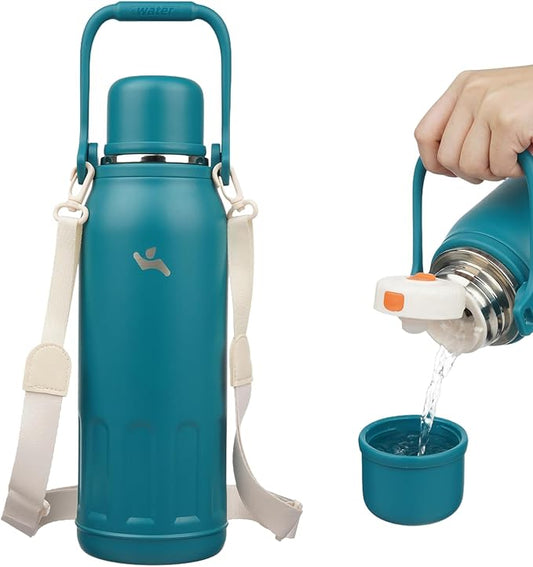 Insulated Water Bottle with Handle and Strap,Vacuum Travel Tumbler with Cup Lid,Thermo Coffee Cup for Hot Cold Drinks 50 OZ,Lake Blue